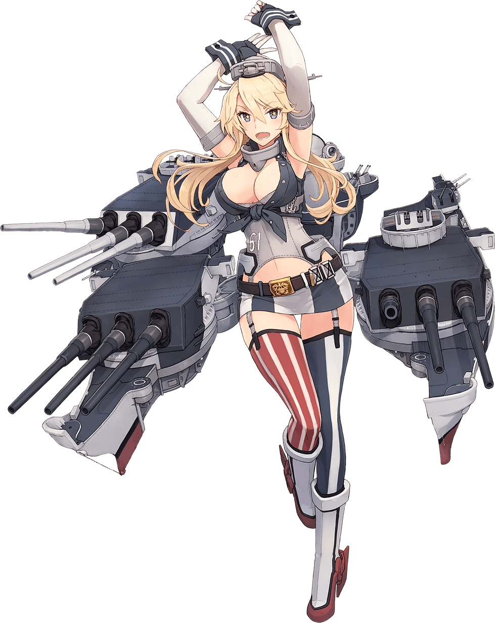 1girl arms_up bare_shoulders belt belt_buckle blonde_hair blue_eyes boots breasts buckle cleavage elbow_gloves fingerless_gloves front-tie_top full_body garter_straps gloves hair_between_eyes high_heel_boots high_heels highres iowa_(kantai_collection) kantai_collection knee_boots large_breasts long_hair machinery miniskirt mismatched_legwear official_art open_mouth shizuma_yoshinori skirt smile solo star star-shaped_pupils striped striped_legwear symbol-shaped_pupils thigh-highs transparent_background turret vertical-striped_legwear vertical-striped_skirt vertical_stripes white_footwear zettai_ryouiki