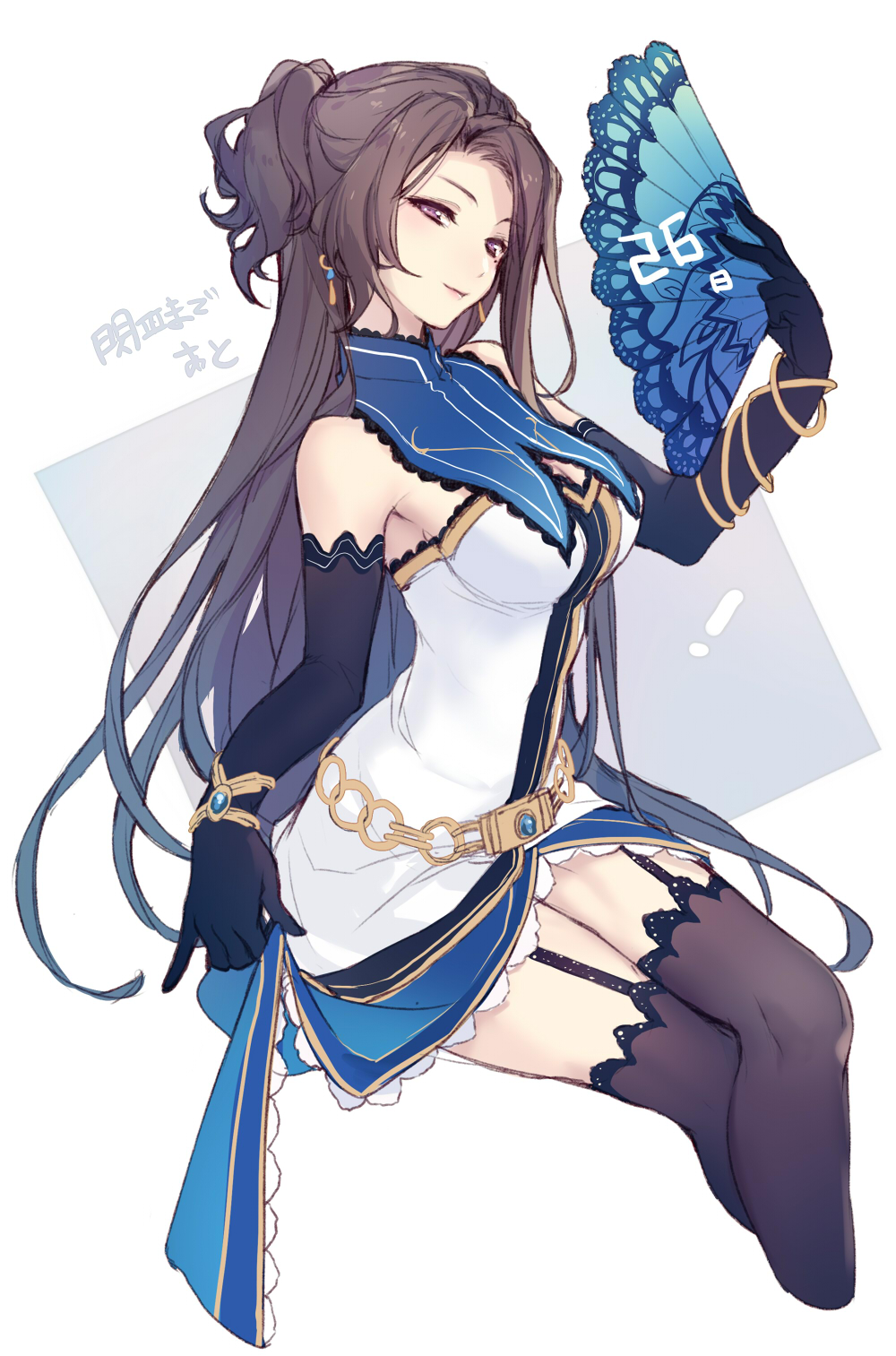 1girl achan_(blue_semi) animal_print asymmetrical_bangs bangs black_gloves black_legwear blue_background bracelet breasts brown_hair butterfly_print cleavage countdown detached_collar dress earrings eiyuu_densetsu elbow_gloves fan folding_fan garter_straps gloves highres invisible_chair jewelry lace lace-trimmed_thighhighs legs_crossed lips long_hair looking_at_viewer medium_breasts mole mole_under_eye sen_no_kiseki short_dress simple_background sitting smile solo thigh-highs two-tone_background violet_eyes vita_clotilde white_background