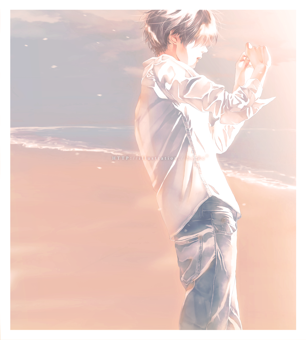 1boy artist_name beach black_hair border clouds cloudy_sky day denim fingernails hair_over_eyes jeans long_sleeves male_focus ocean original outdoors outstretched_arms pants profile rido_(ridograph) sand shaded_face shirt short_hair sky standing sunlight upper_body water watermark web_address white_border white_shirt