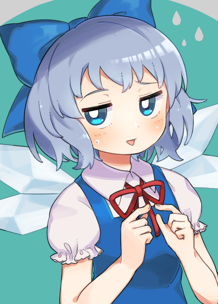 1girl blue_background blue_bow blue_eyes blue_hair blush bow bright_pupils cirno collared_shirt embarrassed fidgeting hair_bow hands_up ice ice_wings jitome looking_at_viewer neck_ribbon nervous_smile puffy_short_sleeves puffy_sleeves red_neckwear red_ribbon ribbon sasa_kichi shirt short_hair short_sleeves smile solo touhou upper_body white_shirt wing_collar wings