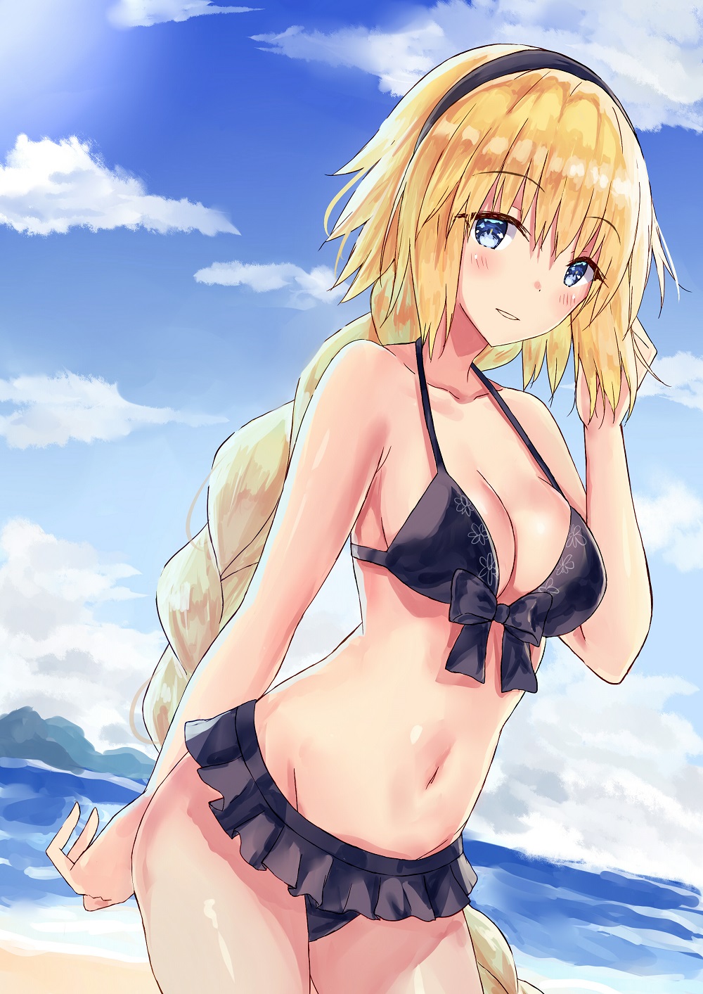 1girl akaya_(pixiv20545353) bangs bare_arms bare_shoulders beach bikini black_bikini black_hairband blonde_hair blue_eyes blue_sky blush braid breasts cleavage clouds collarbone commentary_request day dutch_angle eyebrows_visible_through_hair fate/grand_order fate_(series) front-tie_bikini front-tie_top groin hair_between_eyes hairband hand_up highres jeanne_d'arc_(fate)_(all) jeanne_d'arc_(swimsuit_archer) long_hair looking_at_viewer medium_breasts navel ocean outdoors parted_lips sand sky smile solo standing swimsuit very_long_hair water