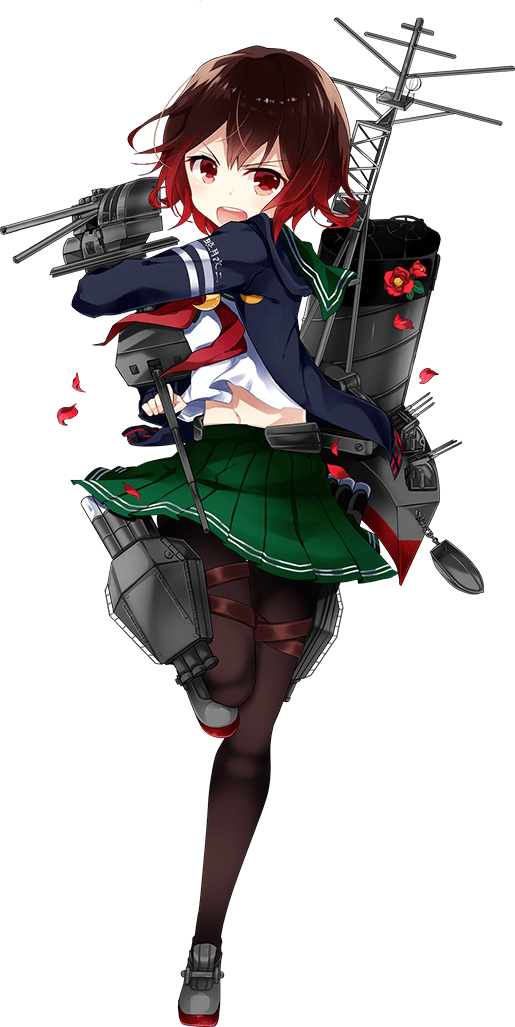 1girl brown_hair cannon full_body gradient_hair kantai_collection kusada_souta loafers multicolored_hair mutsuki_(kantai_collection) official_art open_mouth pantyhose petals pleated_skirt redhead remodel_(kantai_collection) rose_petals school_uniform serafuku shoes short_hair skirt smokestack solo transparent_background turret