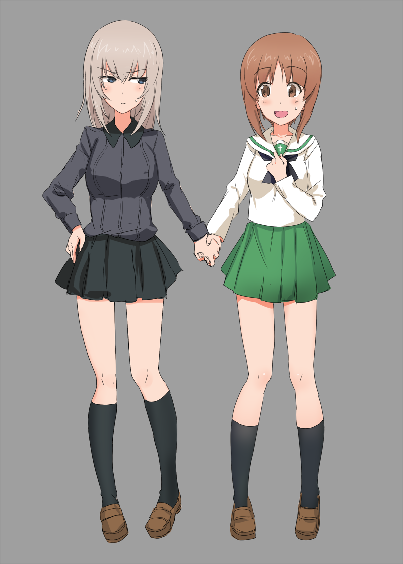 2girls alternate_footwear ashiwara_yuu bangs black_legwear black_neckwear black_skirt blouse blue_eyes blush brown_eyes brown_footwear brown_hair closed_mouth commentary dress_shirt eyebrows_visible_through_hair full_body girls_und_panzer green_skirt grey_background grey_shirt hand_holding hand_on_hip hand_on_own_chest itsumi_erika kneehighs kuromorimine_school_uniform light_frown loafers long_hair long_sleeves looking_at_another miniskirt multiple_girls neckerchief nishizumi_miho ooarai_school_uniform open_mouth pleated_skirt school_uniform serafuku shirt shoes short_hair silver_hair simple_background skirt smile socks standing sweatdrop tsundere white_blouse yuri