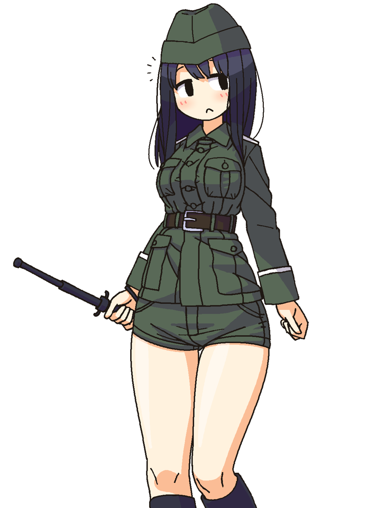 1girl bangs baton belt belt_buckle black_eyes black_hair blush breast_pocket brown_belt buckle buttons closed_mouth expandable_baton frown green_hat green_shorts hat holding holding_weapon long_sleeves maruput military military_uniform no_nose original pocket short_shorts shorts simple_background solo straight_hair thigh_gap thighs uniform weapon white_background