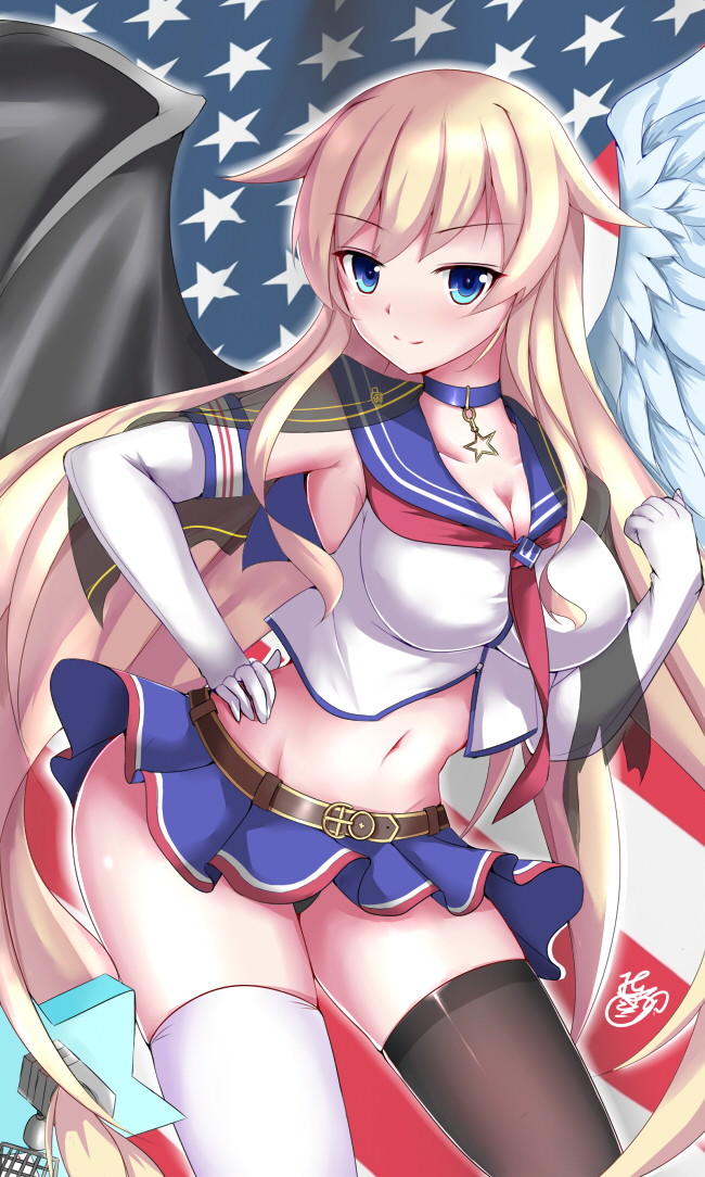 1girl american_flag angel_wings bat_wings black_legwear black_panties blonde_hair blue_eyes choker commentary_request elbow_gloves enterprise_(warship_girls_r) gloves hair_flaps hand_on_hip jotarozaku long_hair looking_at_viewer low-tied_long_hair miniskirt navel no_hat no_headwear panties pantyshot pantyshot_(standing) school_uniform serafuku shawl skirt sleeveless smile standing thigh-highs underwear warship_girls_r white_legwear wings