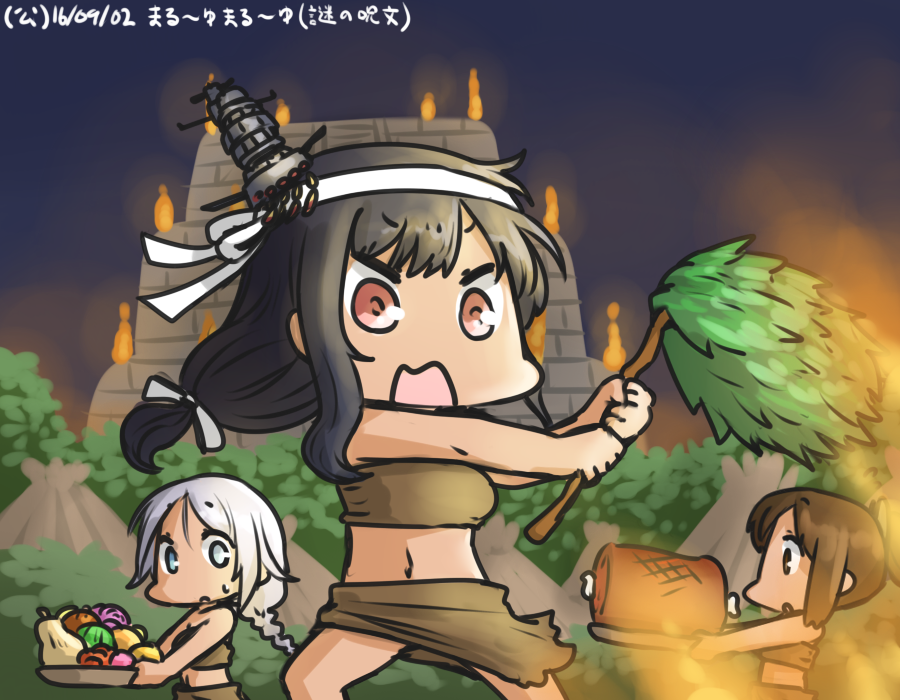 3girls alternate_costume black_hair blue_eyes boned_meat braid brown_eyes brown_hair carrying commentary_request dated food fruit hair_ornament hamu_koutarou headband i-401_(kantai_collection) kantai_collection long_hair low-tied_long_hair meat midriff multiple_girls navel open_mouth ponytail pyramid red_eyes sarong silver_hair single_braid squash sweatdrop tribal umikaze_(kantai_collection) yamashiro_(kantai_collection)