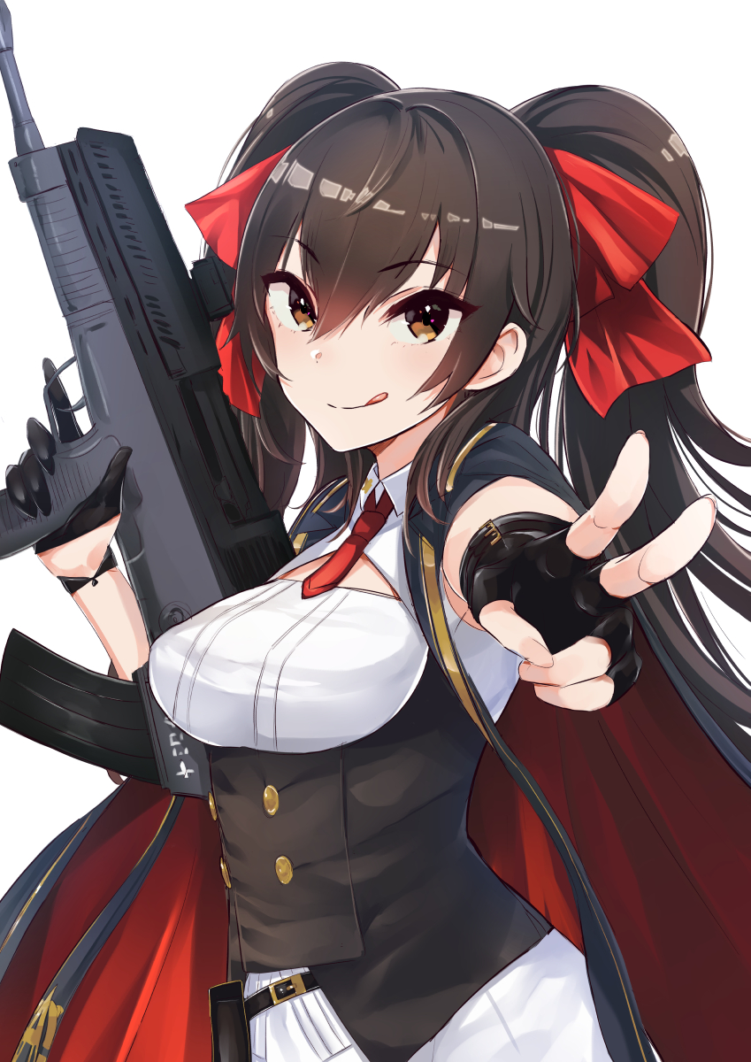 1girl :p black_hair brown_eyes eyebrows_visible_through_hair fingerless_gloves girls_frontline gloves hair_between_eyes highres long_hair looking_at_viewer mappaninatta mismatched_gloves outstretched_arm qbz-97_(girls_frontline) single_fingerless_glove smile solo tongue tongue_out trigger_discipline v white_background