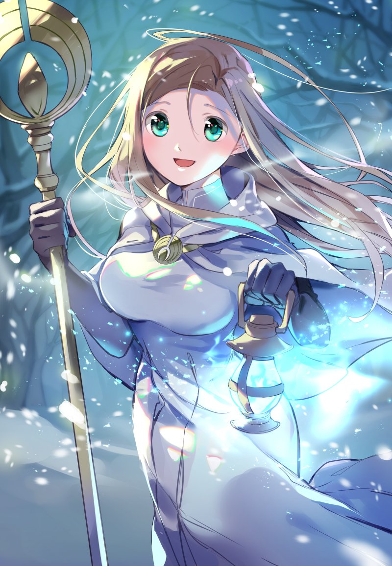 1girl aqua_eyes asymmetrical_bangs bangs bare_tree blonde_hair blue_fire breasts capelet cowboy_shot dress elbow_gloves fire gloves lantern long_hair medium_breasts oboro_keisuke octopath_traveler open_mouth ophilia_(octopath_traveler) robe smile snow solo staff tree turtleneck_dress