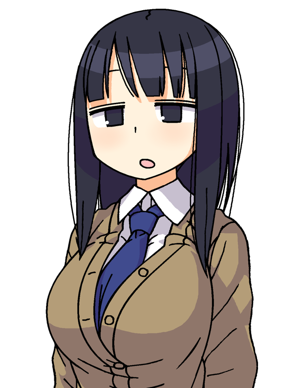 1girl :o bangs black_eyes black_hair blue_neckwear breasts brown_cardigan buttons cardigan collared_shirt large_breasts maruput necktie open_mouth original school_uniform shirt simple_background solo straight_hair upper_body white_background white_shirt