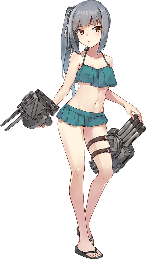 1girl aqua_bikini aqua_skirt bikini bikini_skirt black_ribbon brown_eyes collarbone flat_chest grey_hair groin hair_ribbon kantai_collection kasumi_(kantai_collection) konishi_(koconatu) long_hair navel official_art ribbon sandals side_ponytail skirt solo swimsuit toes transparent_background