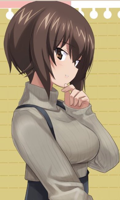 1girl ashiwara_yuu bangs black_skirt brown_eyes brown_hair brown_sweater casual commentary girls_und_panzer hand_on_own_chin long_sleeves looking_at_viewer nishizumi_maho notepad parted_lips short_hair skirt smile solo standing suspender_skirt suspenders sweater turtleneck upper_body