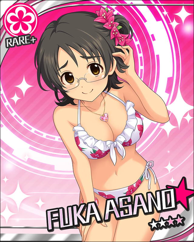 asano_fuka bikini blush brown_eyes brown_hair character_name glasses idolmaster idolmaster_cinderella_girls short_hair smile stars