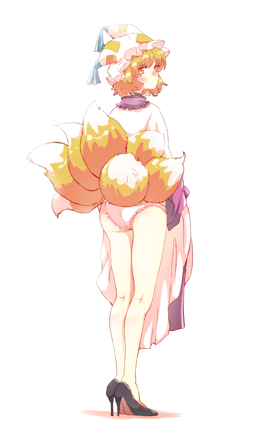 1girl ass blonde_hair fox_tail from_behind hat highres legs looking_at_viewer looking_back multiple_tails non_(z-art) panties short_hair simple_background solo standing tail touhou underwear white_background white_panties yakumo_ran yellow_eyes