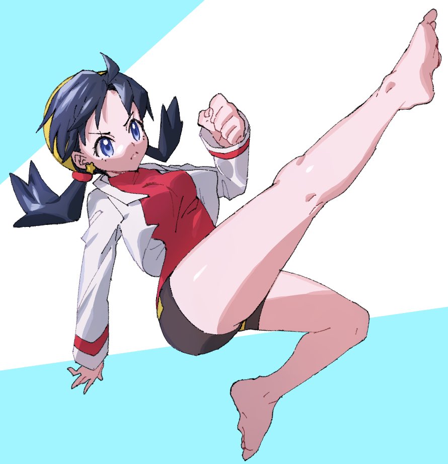 1girl ankea_(a-ramo-do) ass bangs barefoot breasts closed_mouth cowboy_shot creatures_(company) crystal_(pokemon) earrings feet feet_up full_body game_freak jewelry kicking legs legs_up nintendo pokemon pokemon_(game) pokemon_gsc red_shirt shirt shorts simple_background solo thighs upper_body