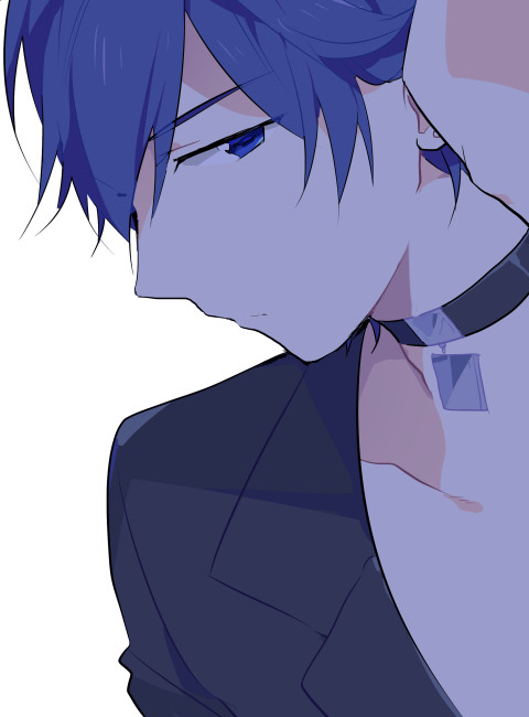 1boy black_shirt blue_eyes blue_hair choker close-up dutch_angle earrings expressionless eyebrows_visible_through_hair face hair_over_one_eye jewelry kaito looking_away male_focus profile shirt short_hair simple_background sinaooo upper_body vocaloid white_background