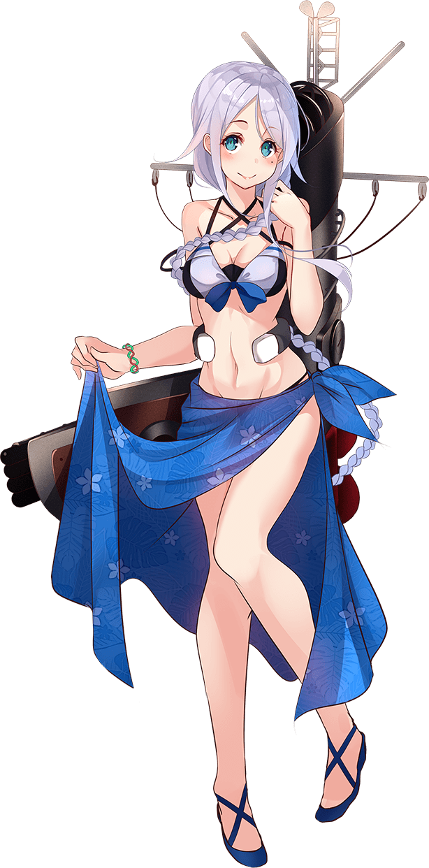 1girl bikini blue_eyes blush bracelet braid breasts cleavage clothes_grab collarbone full_body highres jewelry kantai_collection kujou_ichiso long_hair machinery medium_breasts mole mole_under_eye navel official_art rigging sarong silver_hair single_braid swimsuit torpedo_tubes transparent_background umikaze_(kantai_collection) very_long_hair