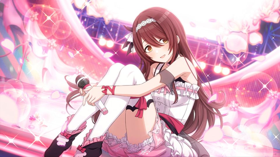 blush brown_eyes brown_hair dress idolmaster idolmaster_shiny_colors long_hair microphone osaki_tenka skirt smile