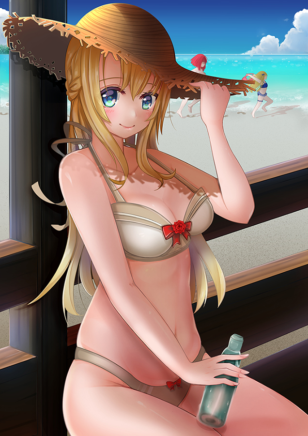 3girls adapted_costume ark_royal_(kantai_collection) beach beige_bikini blonde_hair blue_eyes blue_sky bottle braid breasts chinese_commentary cleavage clouds commentary_request french_braid hat horizon jervis_(kantai_collection) kantai_collection long_hair looking_at_viewer medium_breasts multiple_girls ramune satsukikyo sitting sky solo_focus straw_hat sun_hat warspite_(kantai_collection)