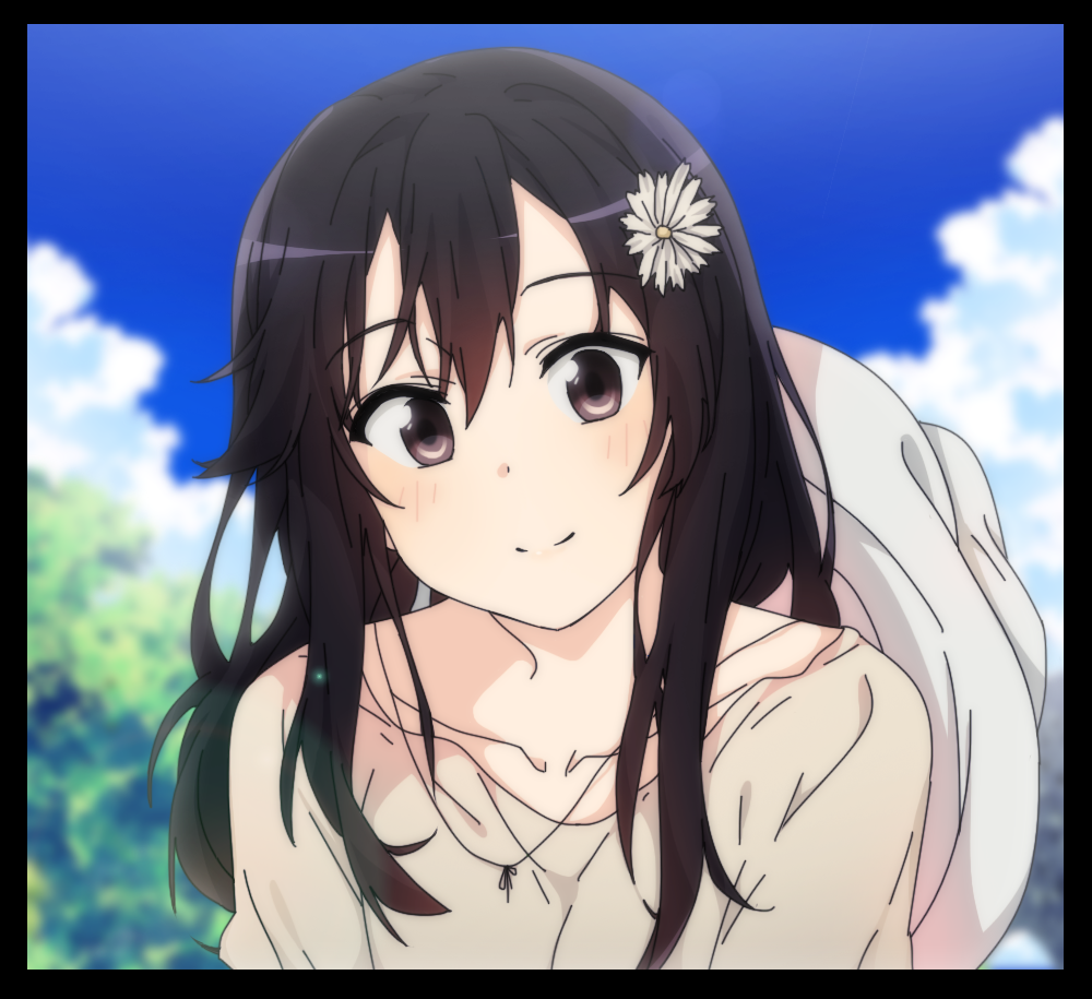 1girl bangs blue_sky blurry blurry_background blush brown_eyes brown_hair brown_shirt closed_mouth clouds collarbone commentary day depth_of_field eyebrows_visible_through_hair flower hair_between_eyes hair_flower hair_ornament head_tilt ichijou_hotaru non_non_biyori outdoors shirt sidarim sky smile solo white_flower