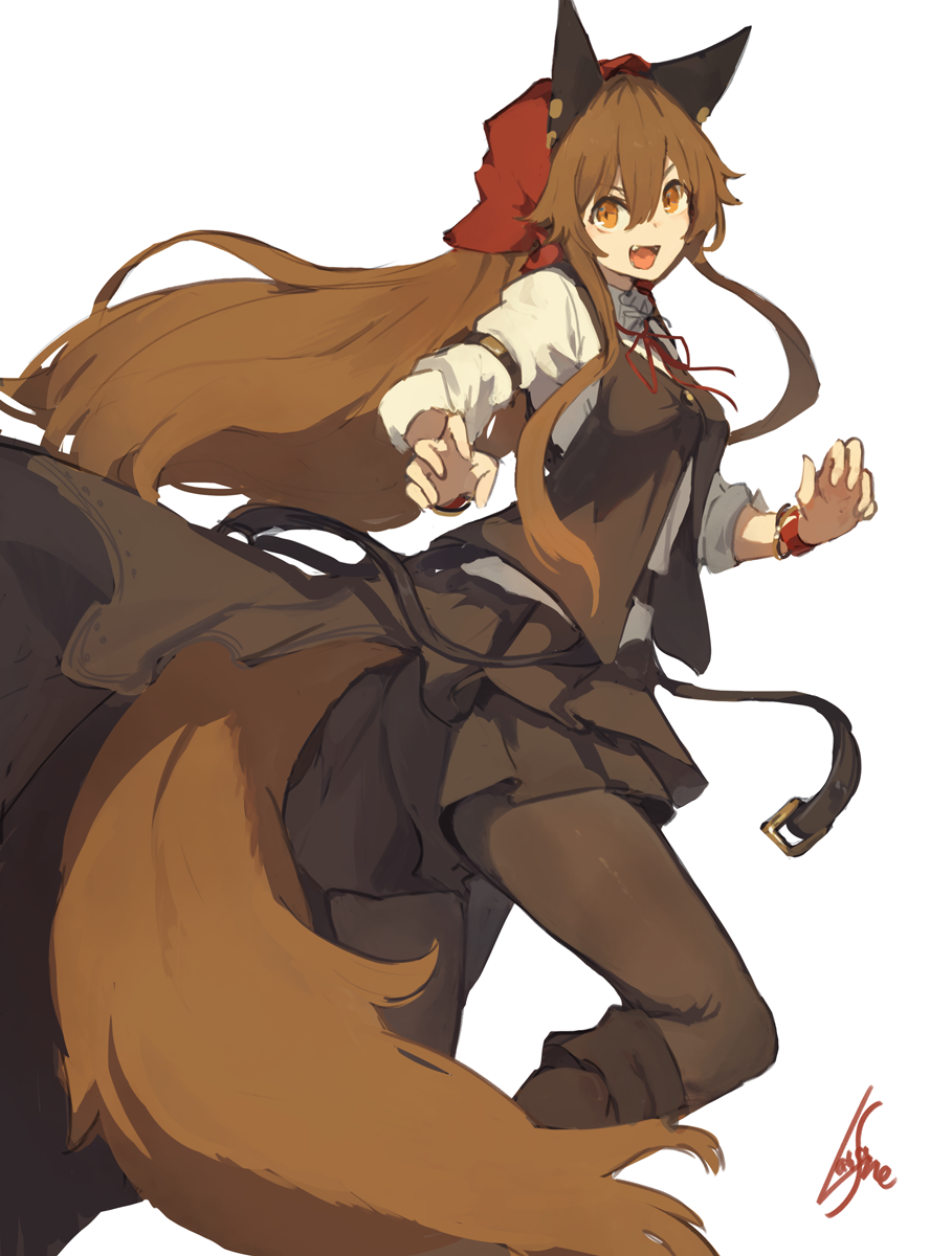 1girl animal_ears bandanna boots bracelet breasts brown_eyes brown_hair fang highres jewelry lansane long_hair long_sleeves looking_at_viewer open_mouth original skirt solo tail thigh-highs vest