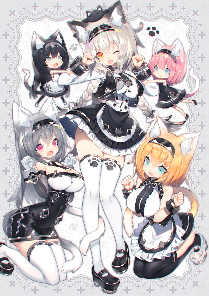 5girls animal animal_ear_fluff animal_ears animal_on_head animal_print apron aqua_eyes bangs bare_shoulders black_cat black_dress black_footwear black_hair black_legwear black_skirt blonde_hair braid breasts cat cat_ears cat_on_head cat_print cat_tail center_frills chibi closed_mouth commentary_request double-breasted dress elbow_gloves eyebrows_visible_through_hair fang french_braid frilled_skirt frills full_body gloves grey_eyes grey_hair hair_between_eyes hairband kneeling lace_background large_breasts long_hair looking_at_viewer maid_apron mamuru medium_breasts multiple_girls necktie on_head one_eye_closed open_mouth orange_eyes original paw_pose paw_print pink_eyes pink_hair platform_footwear pocket shirt short_eyebrows short_hair silver_hair skirt sleeveless sleeveless_dress smile tail thick_eyebrows thigh-highs tied_hair twin_braids white_dress white_footwear white_gloves white_legwear white_shirt white_skirt wrist_cuffs zettai_ryouiki