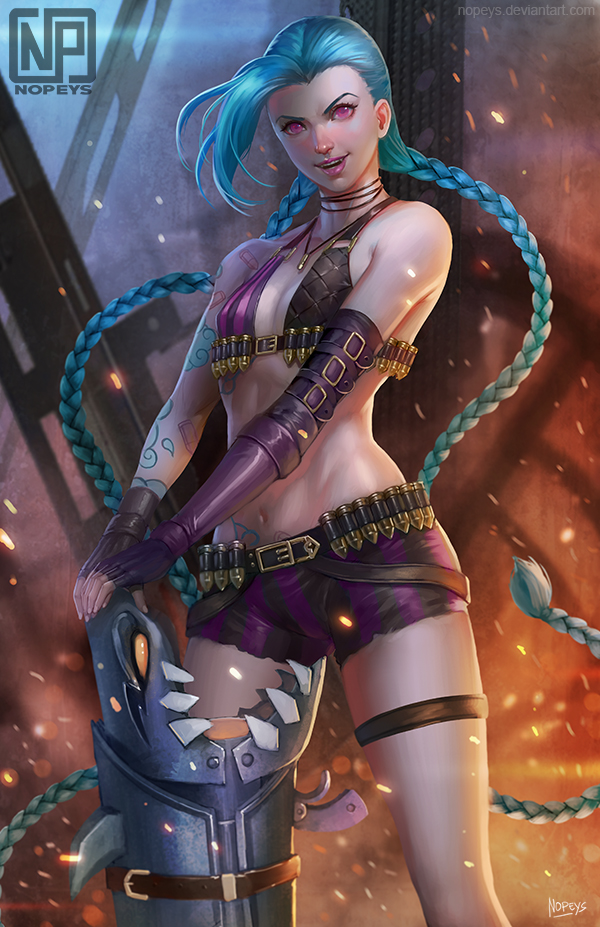 1girl artist_name asymmetrical_gloves bare_shoulders bikini_top blue_hair braid breasts bullet debris elbow_gloves fingerless_gloves gloves jewelry jinx_(league_of_legends) league_of_legends lips long_hair looking_at_viewer midriff navel necklace norman_de_mesa open_mouth pink_eyes pink_lips short_shorts shorts small_breasts smile solo standing strap tattoo thigh_strap twin_braids very_long_hair