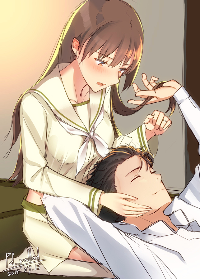 1boy 1girl admiral_(kantai_collection) arm_behind_head bangs blunt_bangs blush breasts brown_eyes brown_hair closed_eyes commentary dated holding_another's_hair jewelry kantai_collection kneehighs lap_pillow large_breasts long_hair looking_at_another military military_uniform neckerchief no_shoes ooi_(kantai_collection) open_mouth pallad remodel_(kantai_collection) ring school_uniform seiza serafuku short_hair signature sitting smile uniform wedding_band white_legwear white_neckwear