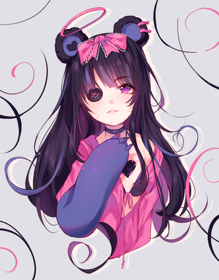 1girl animal_ears bangs bare_shoulders bear_ears black_bra black_hair bow bra button_eyes buttons choker commission eyepatch facial_scar gradient_eyes halo hood hoodie hyanna-natsu lips long_hair looking_at_viewer multicolored multicolored_eyes multicolored_hair original paws pink_bow pink_eyes pink_hoodie scar scar_on_cheek solo underwear upper_body violet_eyes whisker_markings