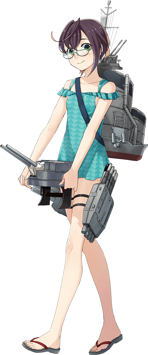 1girl ahoge bare_shoulders blue-framed_eyewear brown_hair fujikawa full_body glasses green_eyes gun highres holding holding_gun holding_weapon kantai_collection looking_at_viewer machinery multicolored_hair official_art okinami_(kantai_collection) pink_hair sandals short_hair smile solo swimsuit transparent_background turret weapon