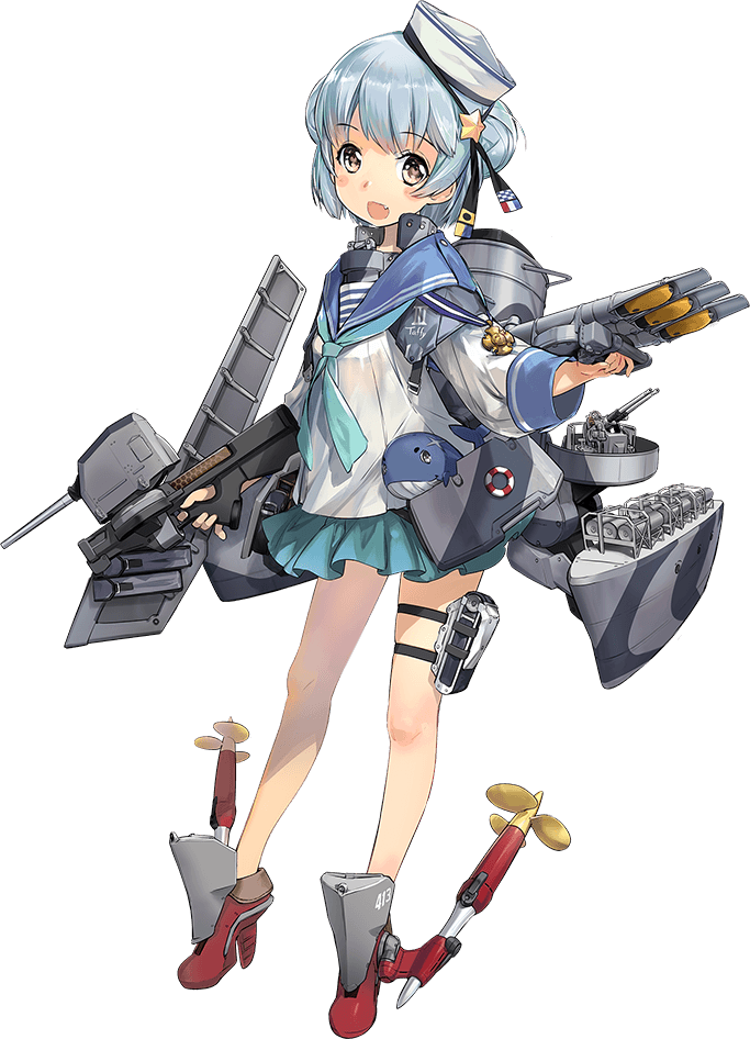1girl bangs blue_skirt depth_charge depth_charge_projector eyebrows_visible_through_hair full_body hair_bun hat kantai_collection lifebuoy light_blue_hair long_sleeves machinery medal navy_cross official_art open_mouth pleated_skirt rigging sailor_collar sailor_hat samuel_b._roberts_(kantai_collection) school_uniform serafuku shirt side_bun skirt solo torpedo torpedo_launcher transparent_background turret whale white_shirt yellow_eyes zeco