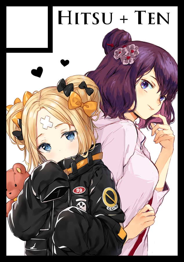 2girls abigail_williams_(fate/grand_order) bangs black_bow black_jacket blonde_hair blue_eyes blush bow circle_cut closed_mouth commentary_request crossed_bandaids double_bun eyebrows_visible_through_hair fate/grand_order fate_(series) hair_bow hair_bun hands_up head_tilt heart hitsukuya hood hood_down hoodie jacket katsushika_hokusai_(fate/grand_order) long_hair long_sleeves looking_at_viewer multiple_girls object_hug orange_bow parted_bangs purple_hair side_bun sleeves_past_fingers sleeves_past_wrists stuffed_animal stuffed_toy teddy_bear violet_eyes white_hoodie