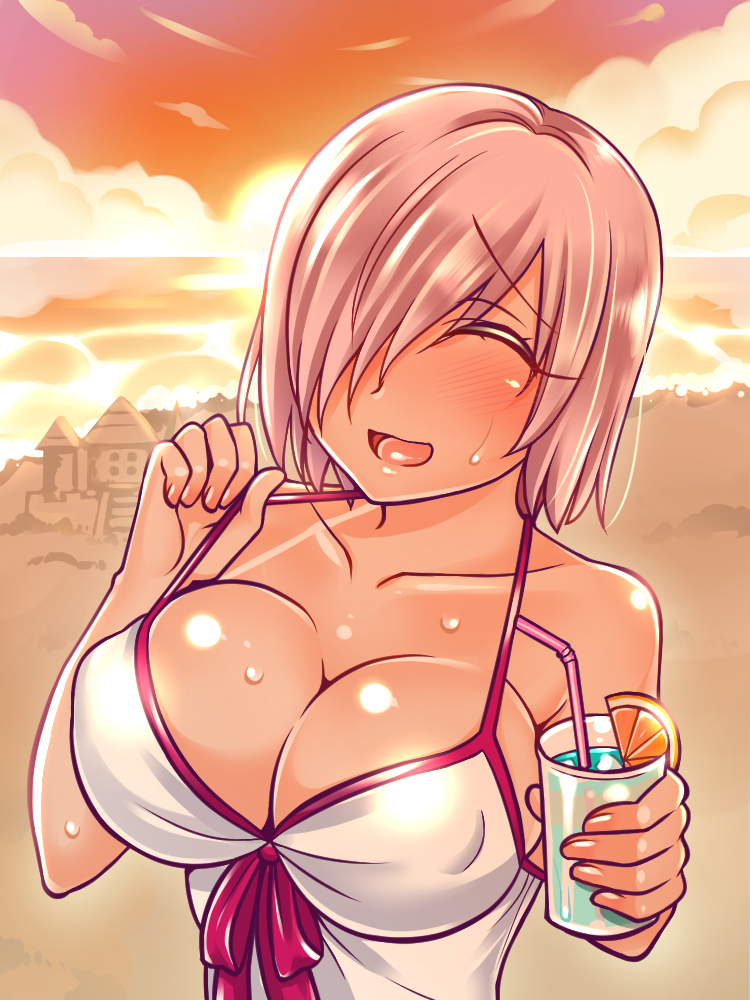 1girl bikini bikini_tan blush bow breasts cleavage collarbone dress_swimsuit evening fate/grand_order fate_(series) hair_over_one_eye large_breasts lavender_hair mabo-udon mash_kyrielight open_mouth orange_(color) pink_bow red shiny short_hair sky smile solo sun sunset swimsuit swimsuit_of_perpetual_summer tan tanline white_swimsuit