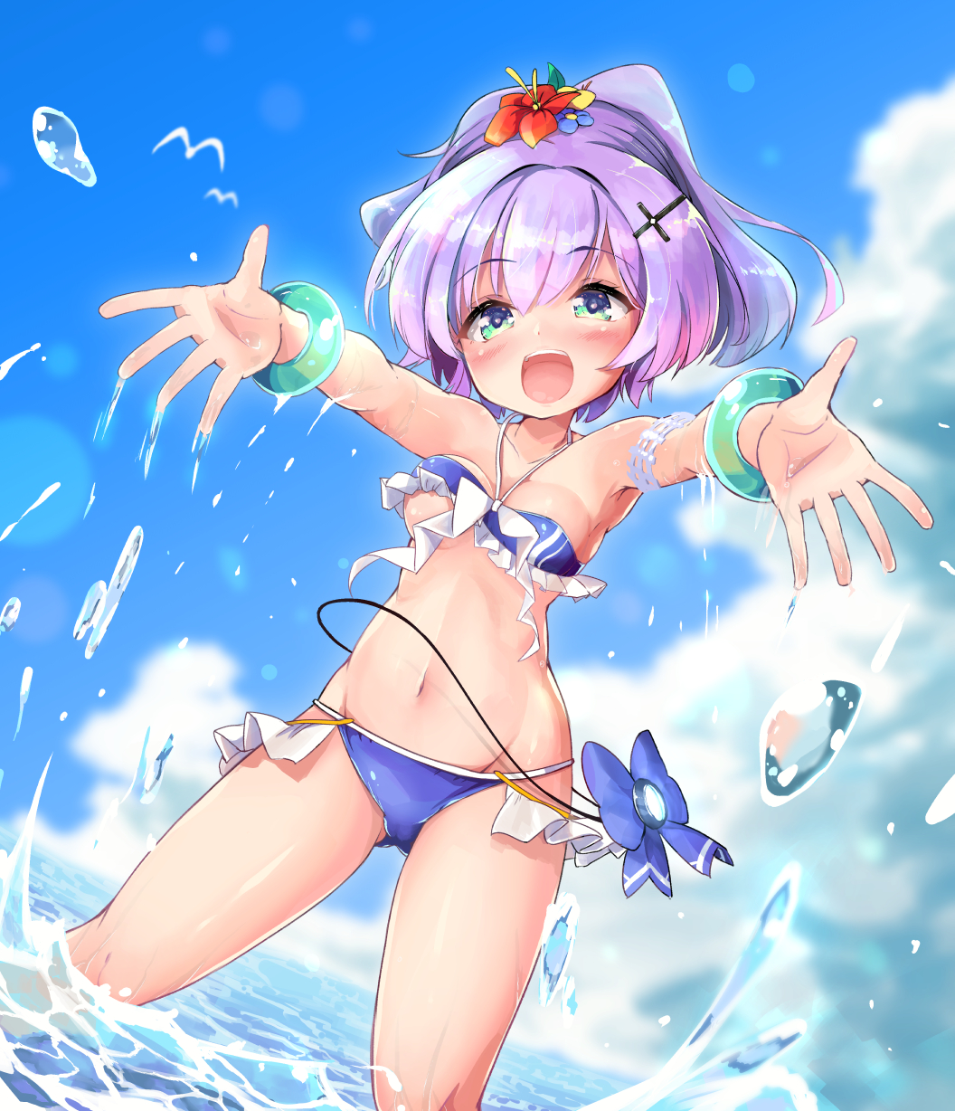 1girl :d azur_lane bangs bare_shoulders bikini blue_bikini blue_flower blue_sky blurry blurry_background blush bouncing_breasts bracelet breasts clouds cloudy_sky commentary_request cross_hair_ornament day depth_of_field dutch_angle eyebrows_visible_through_hair flower gluteal_fold green_eyes groin hair_between_eyes hair_flower hair_ornament highres horizon javelin_(azur_lane) jewelry looking_at_viewer medium_breasts navel nyafu_(moai_lion) ocean open_mouth outdoors outstretched_arms purple_hair red_flower sky smile solo splashing standing swimsuit wading water yellow_flower