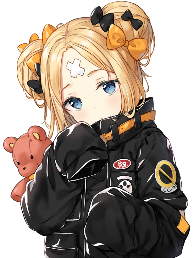 1girl abigail_williams_(fate/grand_order) bangs black_bow black_jacket blonde_hair blue_eyes bow closed_mouth commentary crossed_bandaids english_commentary eyebrows_visible_through_hair fate/grand_order fate_(series) hair_bow hair_bun head_tilt hitsukuya jacket long_hair long_sleeves looking_at_viewer object_hug orange_bow parted_bangs polka_dot polka_dot_bow simple_background sleeves_past_fingers sleeves_past_wrists solo stuffed_animal stuffed_toy teddy_bear white_background