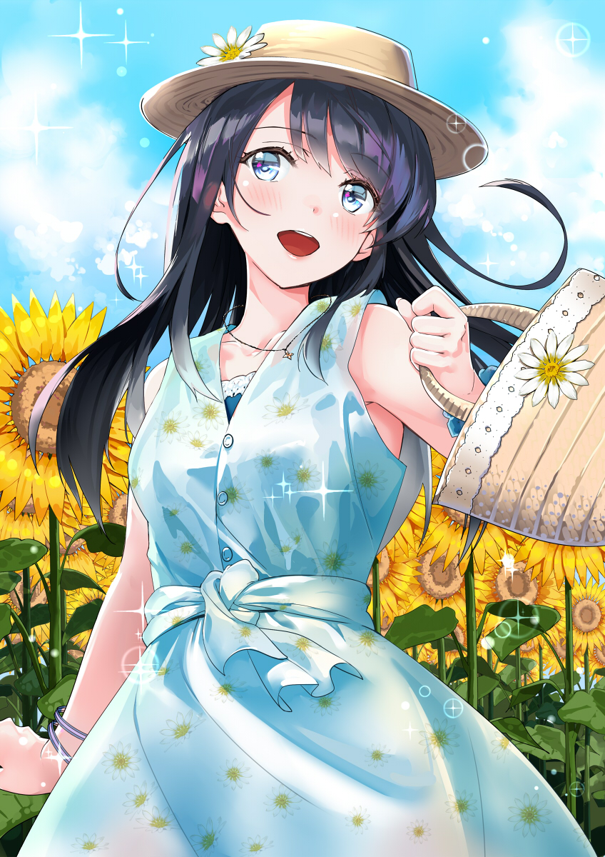 1girl :d arm_at_side armpit_peek bangs bare_shoulders basket black_hair blue_dress blue_eyes blue_sky blush brown_hat clouds collarbone commentary_request cowboy_shot dress eyebrows_visible_through_hair floral_print flower hat hat_flower highres holding holding_basket jewelry kinugasa_yuuichi looking_away necklace open_mouth original outdoors pendant print_dress round_teeth sky sleeveless sleeveless_dress smile solo sparkle straight_hair sunflower swept_bangs teeth upper_teeth white_flower wristband