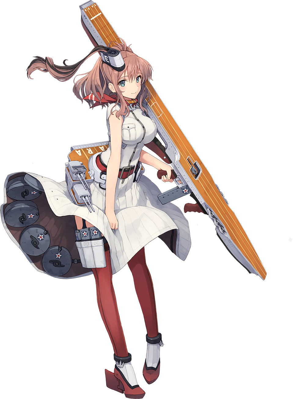 1girl anchor belt blue_eyes breast_pocket breasts brown_hair cannon closed_mouth dress drum_magazine flight_deck full_body garter_straps grey_eyes gun hair_between_eyes hair_ornament high_heels highres holding holding_weapon kantai_collection large_breasts looking_at_viewer machinery magazine_(weapon) neckerchief official_art pocket ponytail red_legwear red_neckwear redhead roundel saratoga_(kantai_collection) shirt shizuma_yoshinori side_ponytail sidelocks sleeveless sleeveless_dress smile smokestack solo standing submachine_gun thigh-highs thompson_submachine_gun transparent_background trigger_discipline turret weapon white_dress wind wind_lift