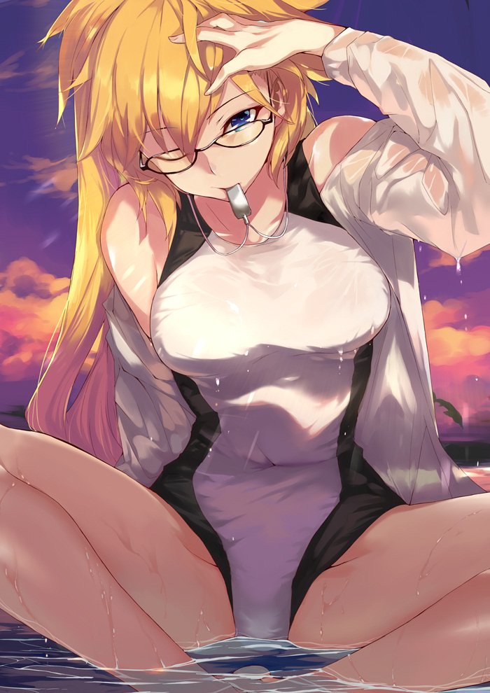 1girl bangs bare_shoulders bikini blonde_hair blue_eyes breasts clouds commentary_request covered_navel dusk eyebrows_visible_through_hair fate/grand_order fate_(series) hair_between_eyes hand_on_head jeanne_d'arc_(fate)_(all) jeanne_d'arc_(swimsuit_archer) large_breasts long_hair looking_at_viewer off-shoulder_sweater ohland one_eye_closed partially_submerged sitting sky solo spread_legs sweater swimsuit water wet wet_clothes whistle whistle_around_neck