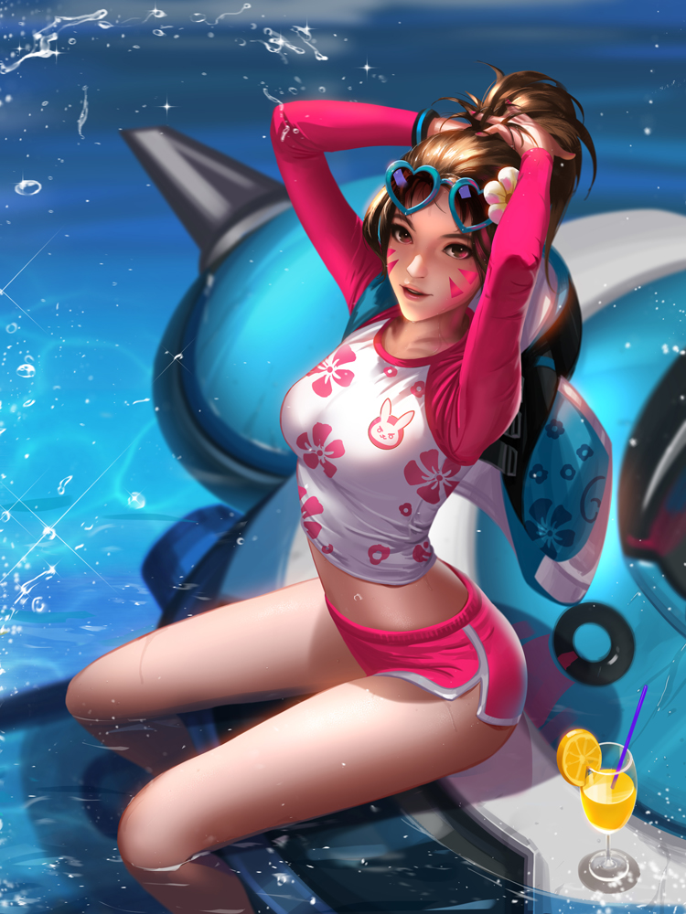 1girl adjusting_hair alternate_costume brown_hair cocktail_glass commentary cup d.va_(overwatch) drinking_glass drinking_straw droplet eyewear_on_head food fruit heart heart-shaped_eyewear lemon lemon_slice liang_xing life_vest looking_at_viewer mecha meka_(overwatch) midriff open_mouth overwatch pink_shorts short_shorts shorts sitting smile solo sparkle sunglasses water waveracer_d.va whisker_markings