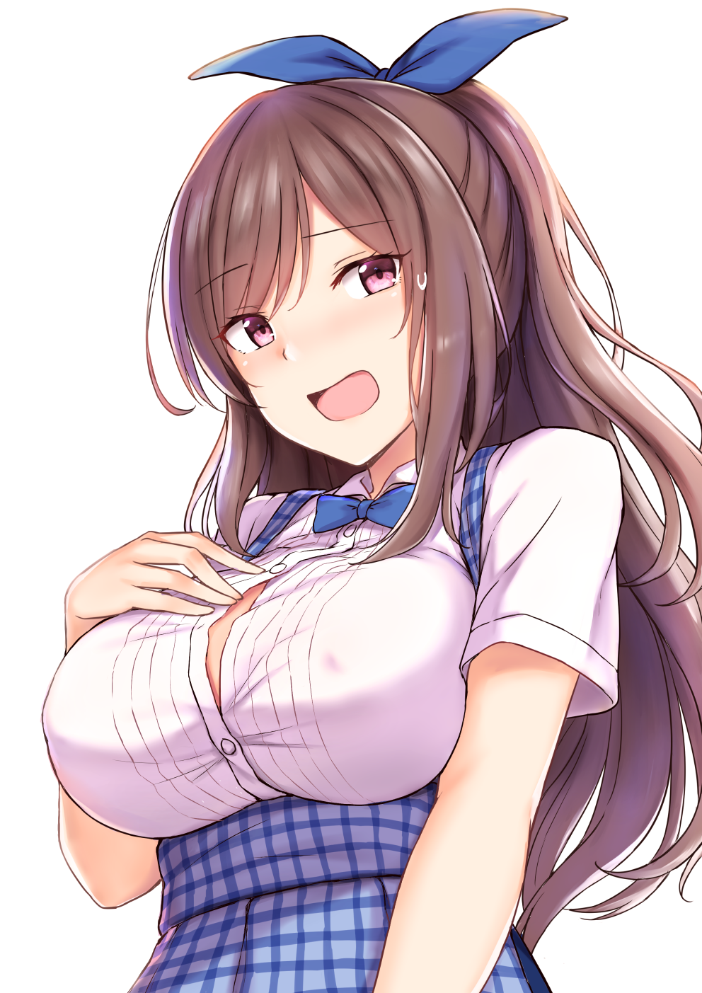 1girl blue_neckwear blue_ribbon blush_stickers bow bowtie breasts brown_hair cai_geng eyebrows_visible_through_hair hair_ribbon highres idolmaster idolmaster_cinderella_girls large_breasts long_hair open_mouth pink_eyes ribbon shirt short_sleeves simple_background solo tsukioka_kogane upper_body white_background white_shirt