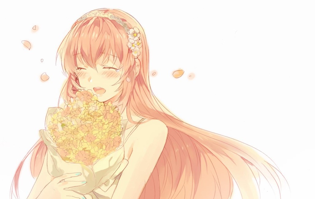 1girl ^_^ aqua_nails bare_arms bare_shoulders blush bouquet close-up closed_eyes closed_eyes eyebrows_visible_through_hair face floating_hair flower hair_flower hair_ornament hairband happy long_hair megurine_luka nail_polish open_mouth petals pink_flower pink_hair simple_background sinaooo sleeveless smile solo_focus upper_body vocaloid white_background white_flower white_hairband yellow_flower
