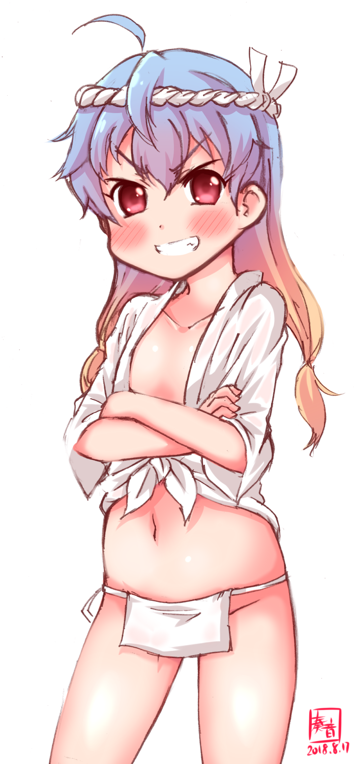 1girl blue_hair blush breasts closed_mouth eyebrows_visible_through_hair fundoshi groin hair_between_eyes highres japanese_clothes kanon_(kurogane_knights) kantai_collection long_hair multicolored_hair no_bra no_panties pink_hair red_eyes sado_(kantai_collection) simple_background small_breasts solo twintails white_background