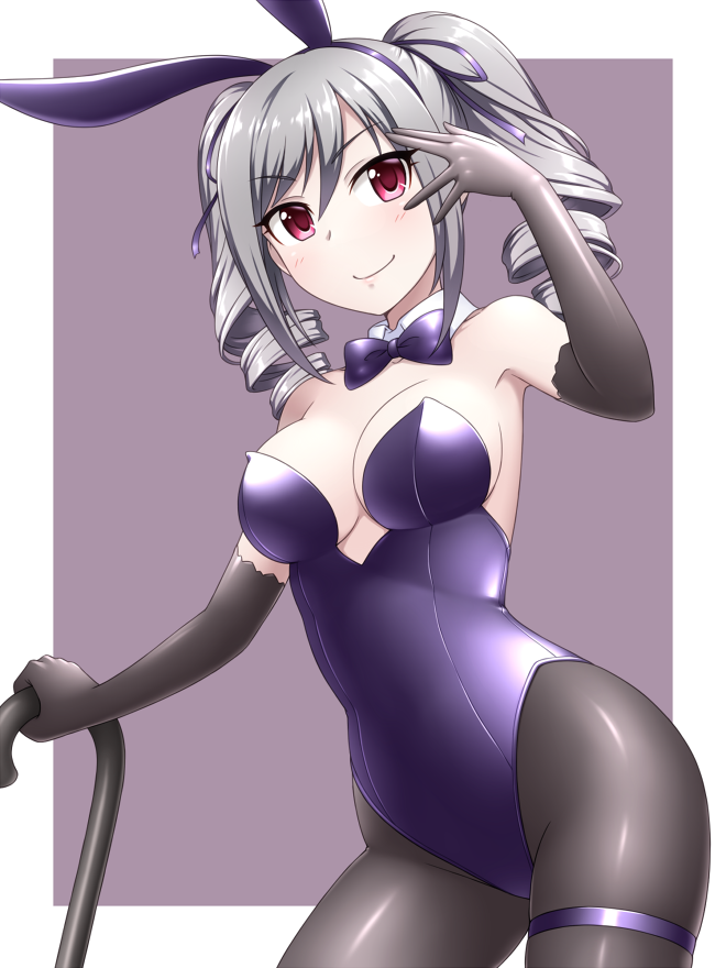 1girl animal_ears black_gloves black_legwear bow bowtie bunny_girl bunny_tail bunnysuit cane commentary_request cowboy_shot detached_collar drill_hair elbow_gloves gloves idolmaster idolmaster_cinderella_girls kanzaki_ranko leotard looking_at_viewer pantyhose pataniito purple_background purple_leotard purple_neckwear rabbit_ears red_eyes silver_hair smile solo strapless strapless_leotard tail twin_drills twintails two-tone_background white_background wrist_cuffs