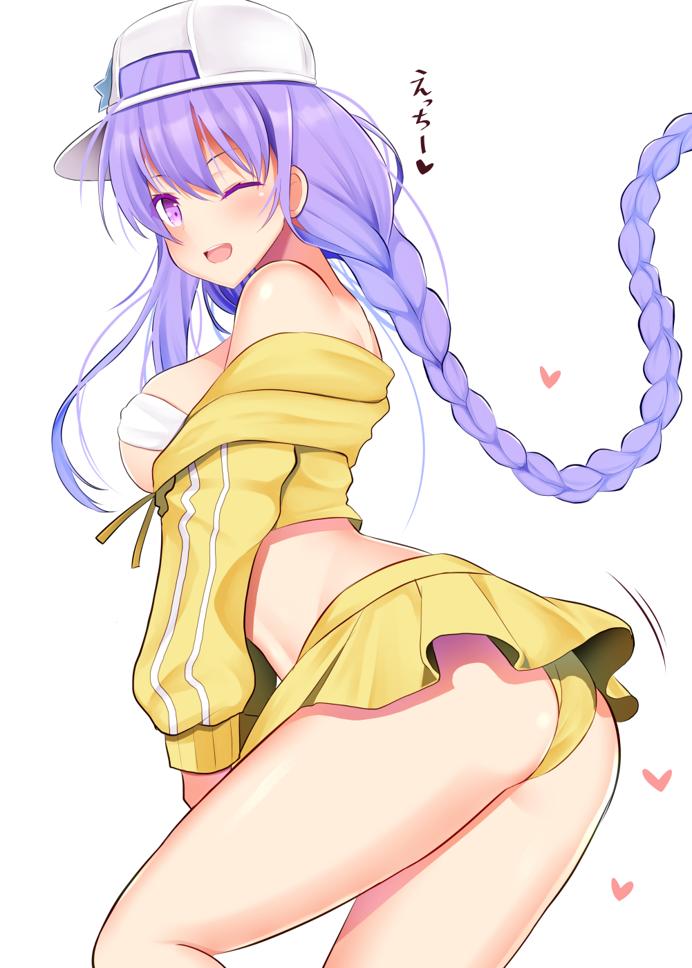 1girl ;d ass bb_(fate/extra_ccc) bb_(swimsuit_mooncancer)_(fate) braid breasts commentary_request fate/grand_order fate_(series) hat heart highres jacket long_hair long_sleeves looking_at_viewer medium_breasts one_eye_closed open_mouth purple_hair simple_background single_braid smile solo swimsuit takeyuu violet_eyes white_background white_hat yellow_jacket