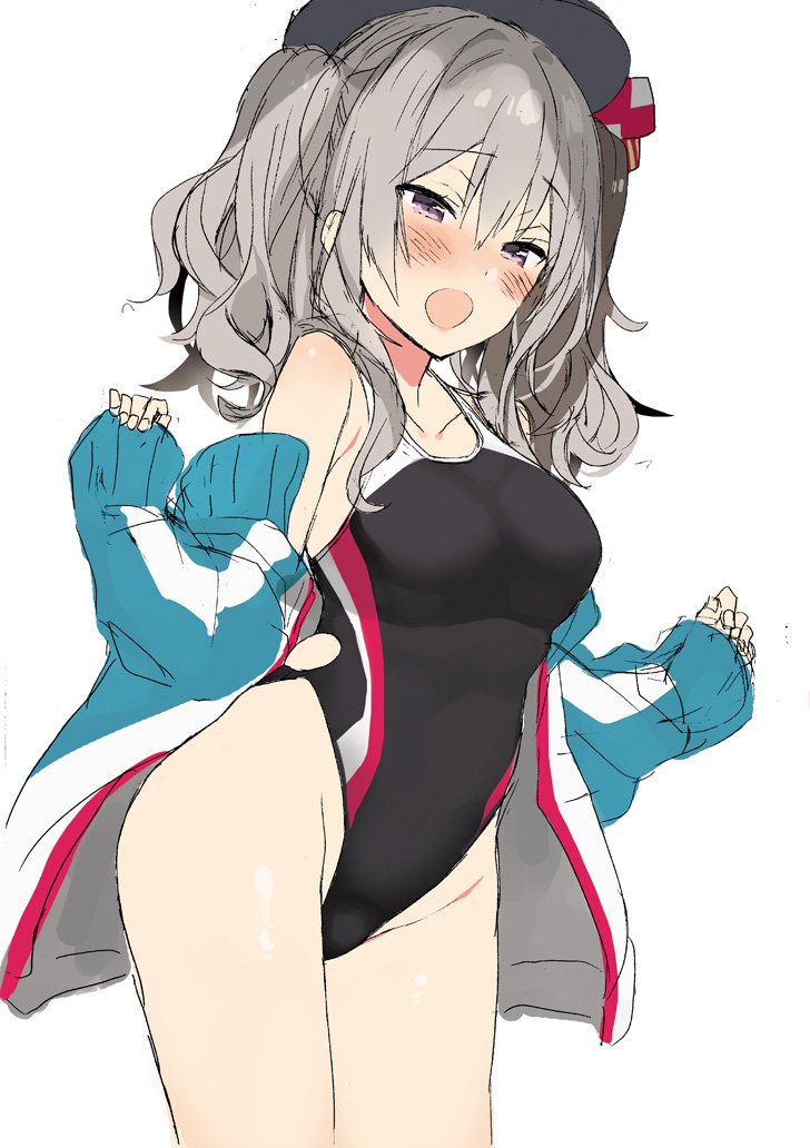 1girl araki_kanao beret black_hat black_swimsuit blue_jacket competition_swimsuit cowboy_shot grey_eyes hat highleg highleg_swimsuit jacket kantai_collection kashima_(kantai_collection) looking_at_viewer one-piece_swimsuit open_clothes open_jacket open_mouth sidelocks silver_hair simple_background solo swimsuit track_jacket tsurime twintails wavy_hair white_background