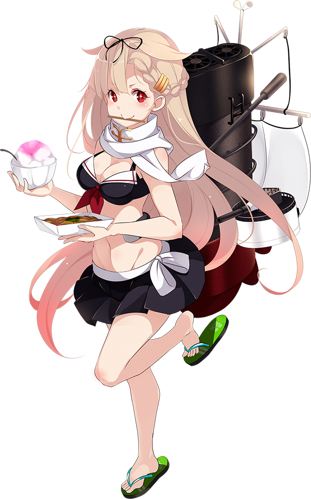 1girl alternate_costume bikini bikini_top black_bikini blonde_hair braid breasts chopsticks cleavage flip-flops food french_braid full_body kantai_collection kujou_ichiso long_hair machinery medium_breasts mouth_hold navel noodles official_art red_eyes remodel_(kantai_collection) sailor_bikini sailor_collar sandals shaved_ice skirt smile solo standing standing_on_one_leg swimsuit transparent_background turret very_long_hair yakisoba yuudachi_(kantai_collection)