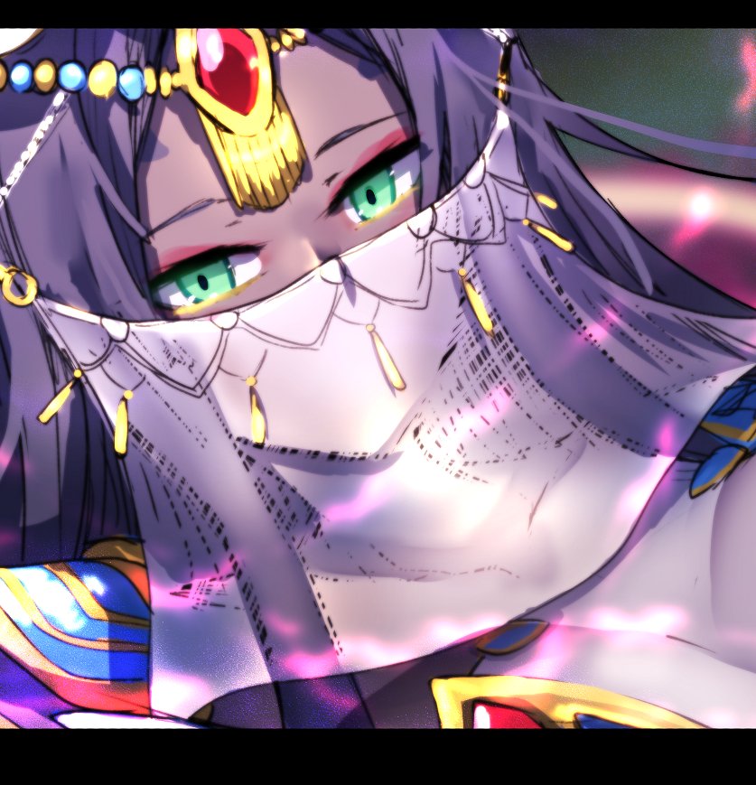 1girl bangs blurry blurry_background close-up covered_mouth dark_skin depth_of_field dutch_angle face fate/grand_order fate_(series) forehead_jewel green_eyes long_hair parted_bangs purple_hair scheherazade_(fate/grand_order) see-through_silhouette solo veil wada_kazu