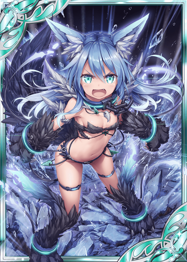 1girl akkijin animal_ears aqua_eyes armpits bare_shoulders black_background blue_hair breasts broken broken_chain card_(medium) chain chains claws cleavage collar frown glowing glowing_eyes ice official_art paws rage_face ribbon serious shinkai_no_valkyrie small_breasts squall_(shinkai_no_valkyrie) tail thigh_ribbon wolf_ears wolf_tail