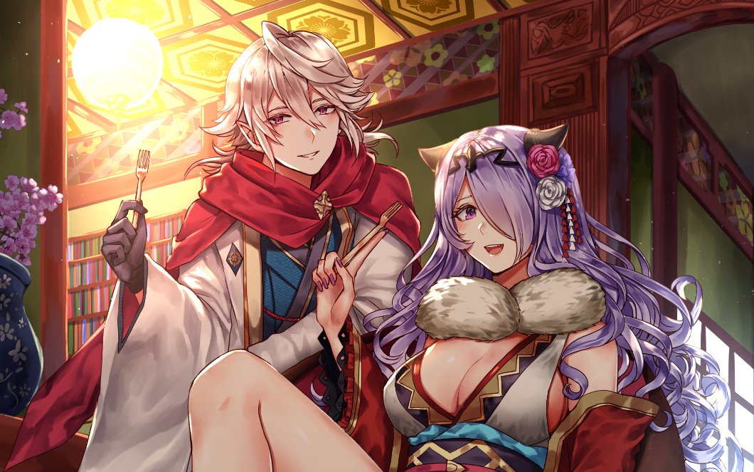 1boy 1girl blonde_hair breasts camilla_(fire_emblem_if) cleavage fire_emblem fire_emblem_heroes fire_emblem_if fork hair_over_one_eye japanese_clothes kimono looking_at_viewer my_unit_(fire_emblem_if) pointy_ears purple_hair smile wani_(fadgrith)