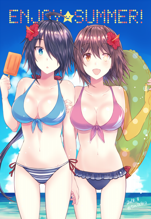 2girls bikini black_hair blue_eyes blue_sky blush breasts brown_eyes brown_hair eyebrows_visible_through_hair flower furutaka_(kantai_collection) hair_between_eyes hair_flower hair_ornament kabocha_torute kako_(kantai_collection) kantai_collection large_breasts looking_at_viewer multiple_girls ocean open_mouth short_hair sky star swimsuit