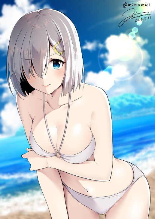 1girl beach bikini blue_eyes blue_sky blurry breasts cleavage clouds collarbone commentary_request cowboy_shot dated depth_of_field eyebrows_visible_through_hair hair_ornament hair_over_one_eye hairclip hamakaze_(kantai_collection) kantai_collection large_breasts leaning_forward lens_flare light_rays lips looking_at_viewer mimamui navel outdoors short_hair signature silver_hair sky solo sunbeam sunlight swimsuit twitter_username white_bikini